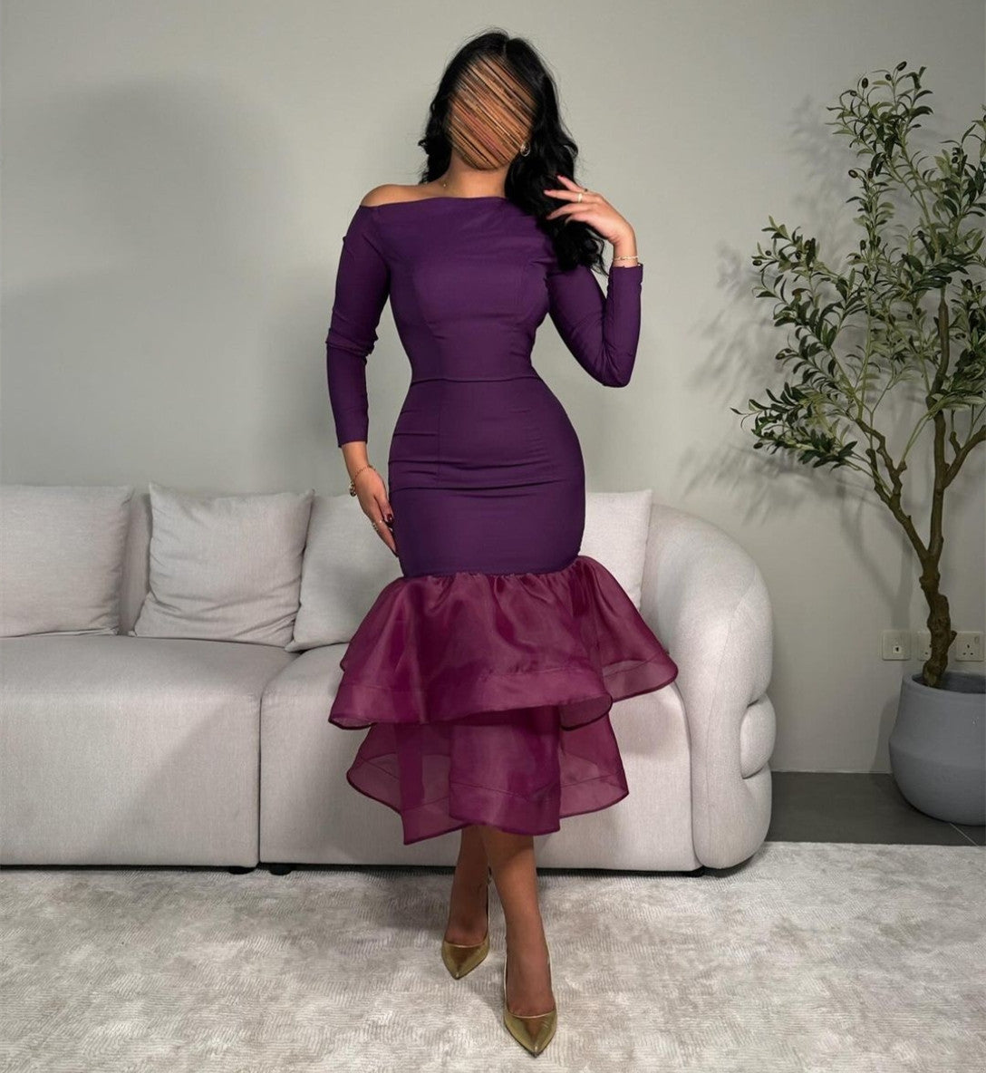Elegant Short Grape Crepe Evening Dresses With Ruffles Mermaid Organza Tea Length فساتين السهرة Ramadan Eid Dresses