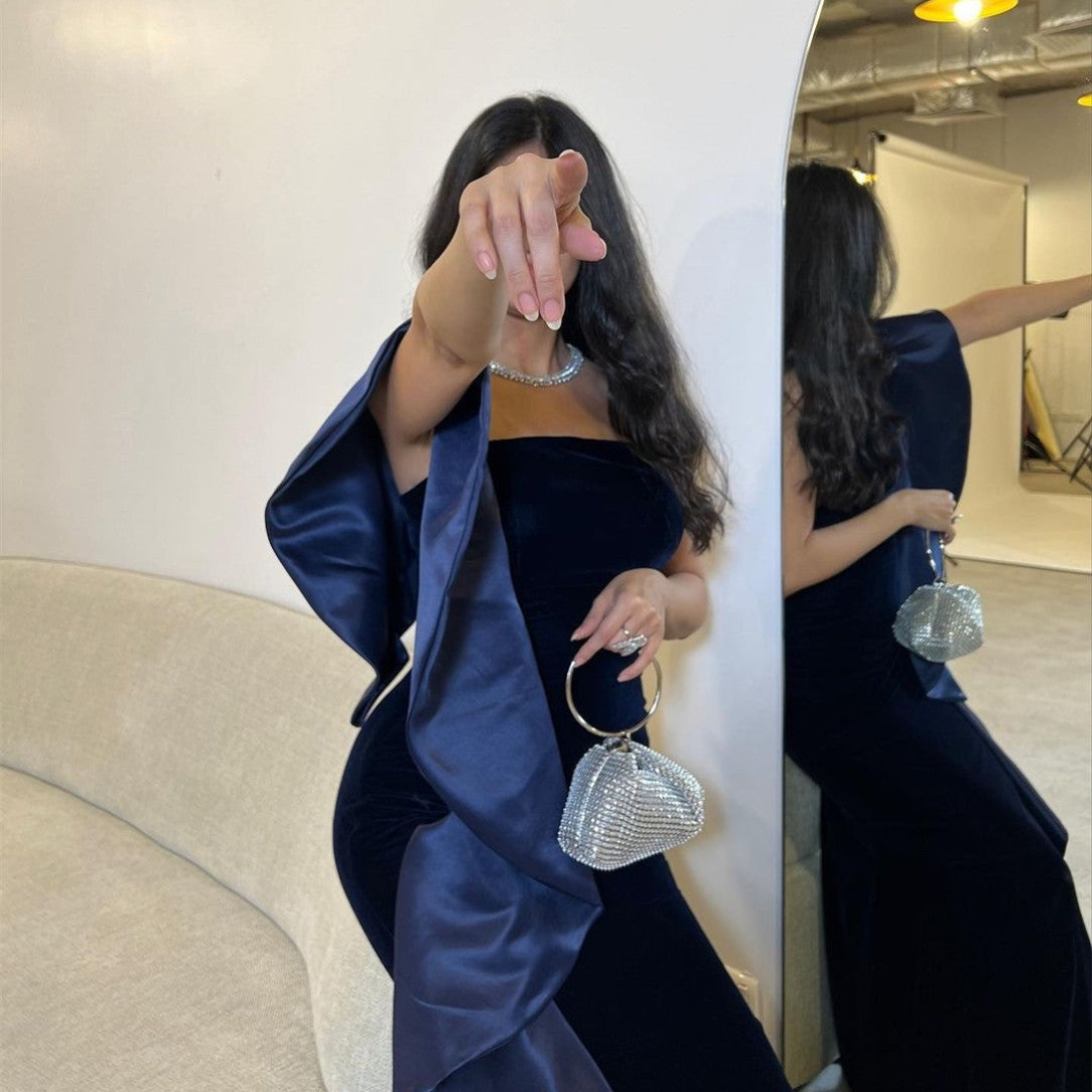 Long Black Velvet Evening Dresses With Ruffles Mermaid One Shoulder Pleated Sweep Train فساتين السهرة Ramadan Eid Dresses