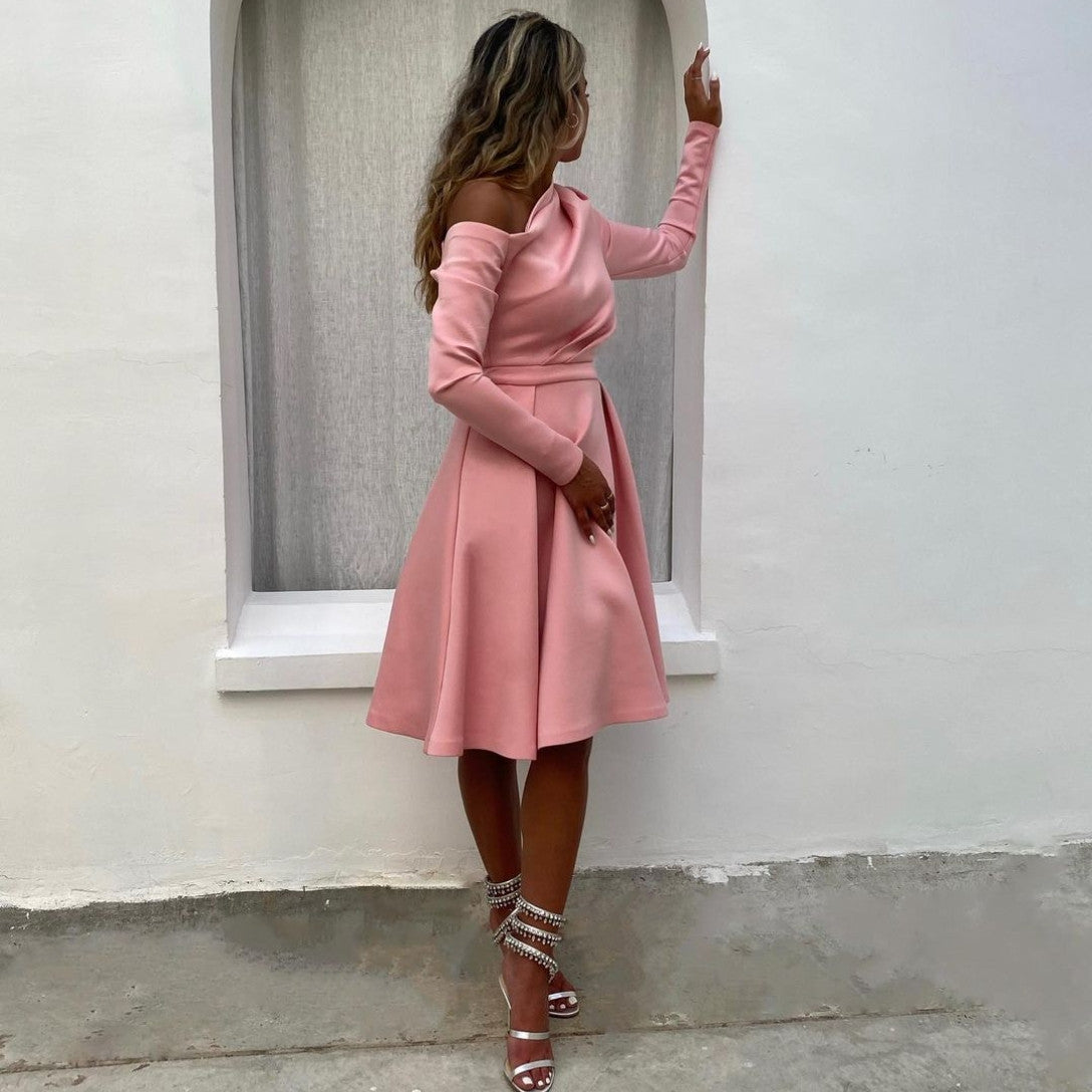 Short Pink Crepe Evening Dresses Long Sleeves A-Line Pleated Knee Length فساتين السهرة Ramadan Eid Dresses
