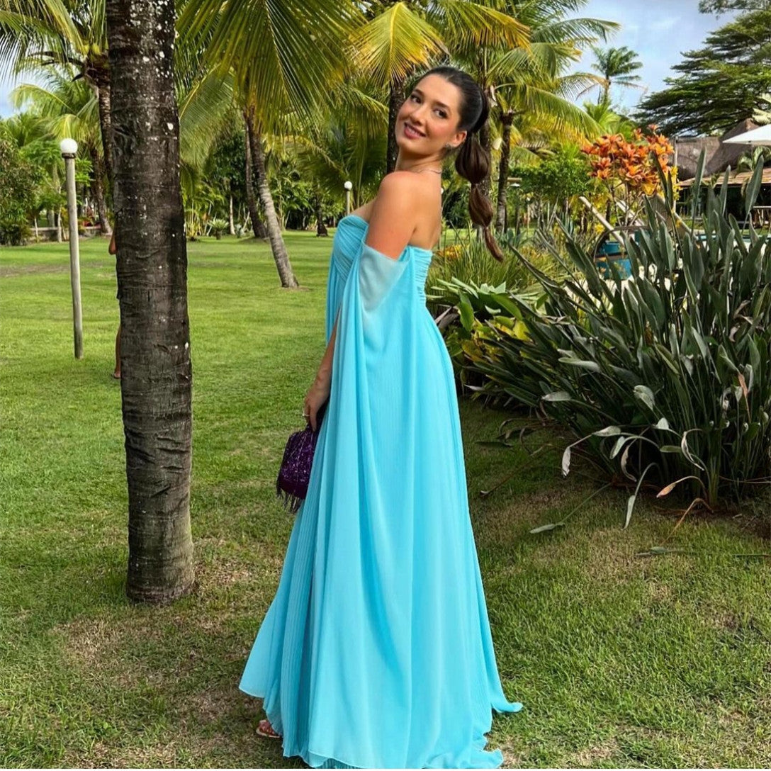 Sexy Long Tiaffany Blue Chiffon Prom Dresses With Cape A-Line Boat Neck Floor Length Evening Dresses for Women