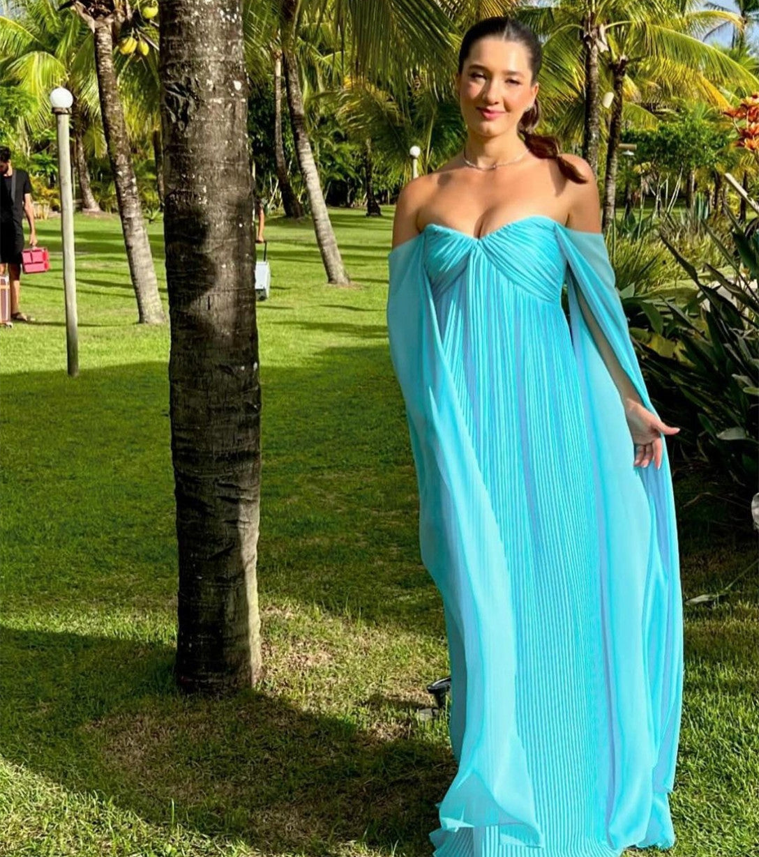 Sexy Long Tiaffany Blue Chiffon Prom Dresses With Cape A-Line Boat Neck Floor Length Evening Dresses for Women