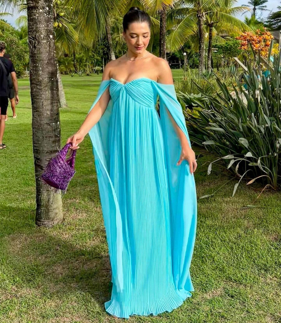 Sexy Long Tiaffany Blue Chiffon Prom Dresses With Cape A-Line Boat Neck Floor Length Evening Dresses for Women