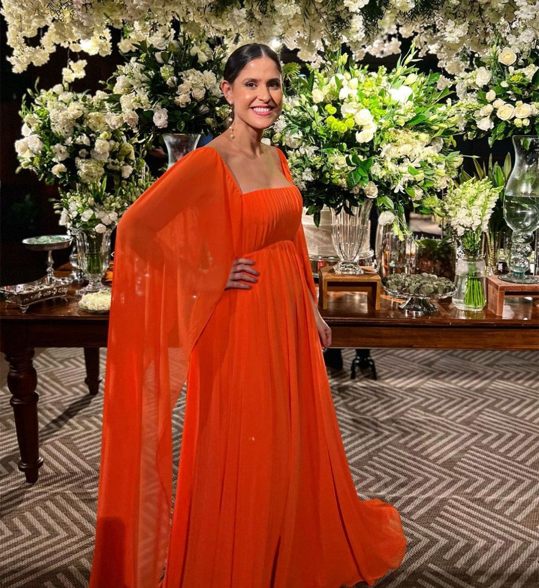 Elegant Long Orange Square Collar Prom Dresses A-Line Long Sleeve Pleated Chiffon Evening Dresses for Women