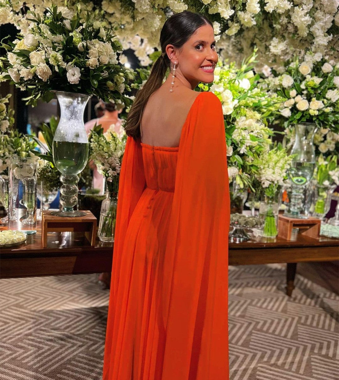 Elegant Long Orange Square Collar Prom Dresses A-Line Long Sleeve Pleated Chiffon Evening Dresses for Women