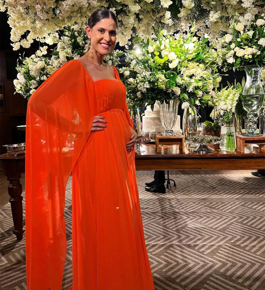 Elegant Long Orange Square Collar Prom Dresses A-Line Long Sleeve Pleated Chiffon Evening Dresses for Women