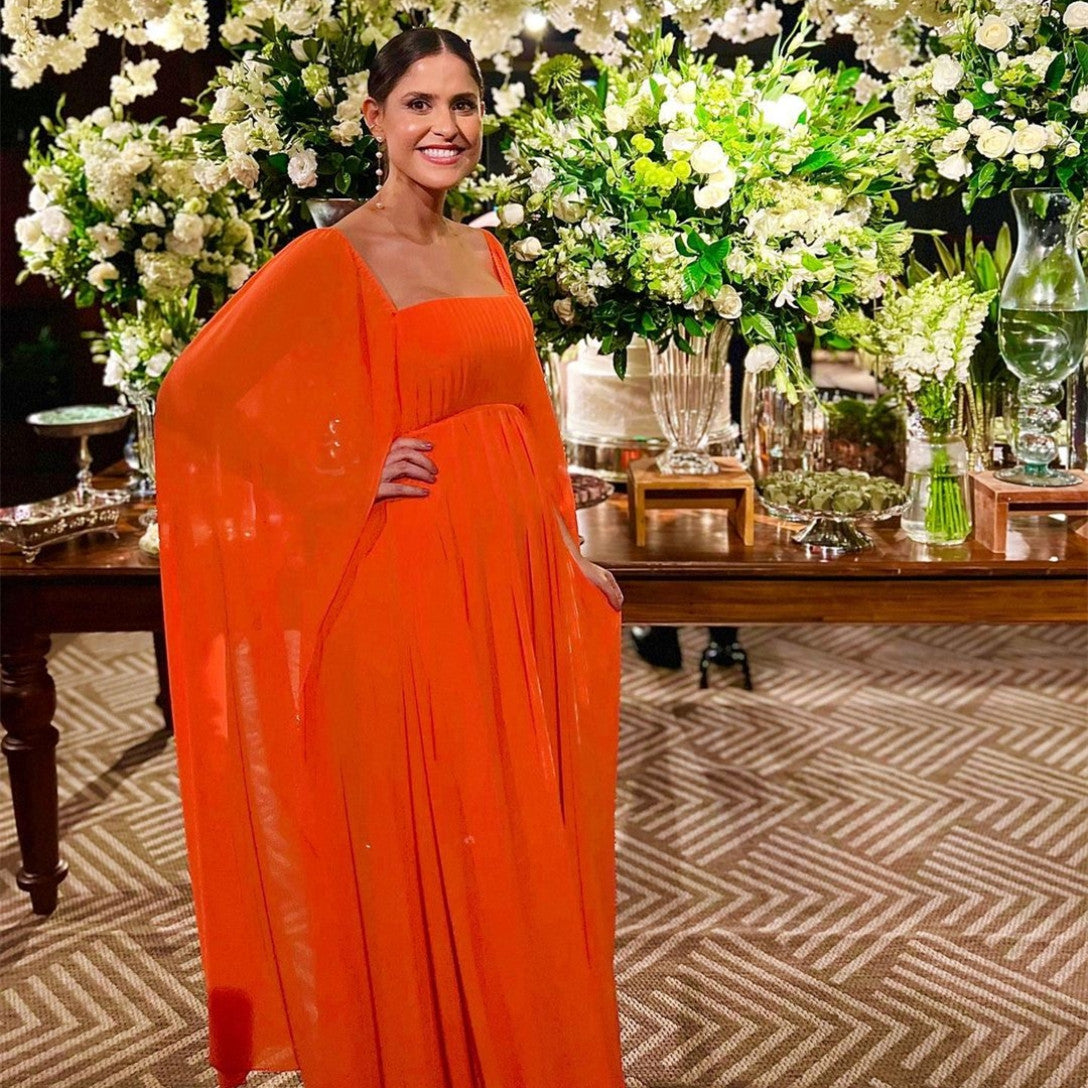 Elegant Long Orange Square Collar Prom Dresses A-Line Long Sleeve Pleated Chiffon Evening Dresses for Women