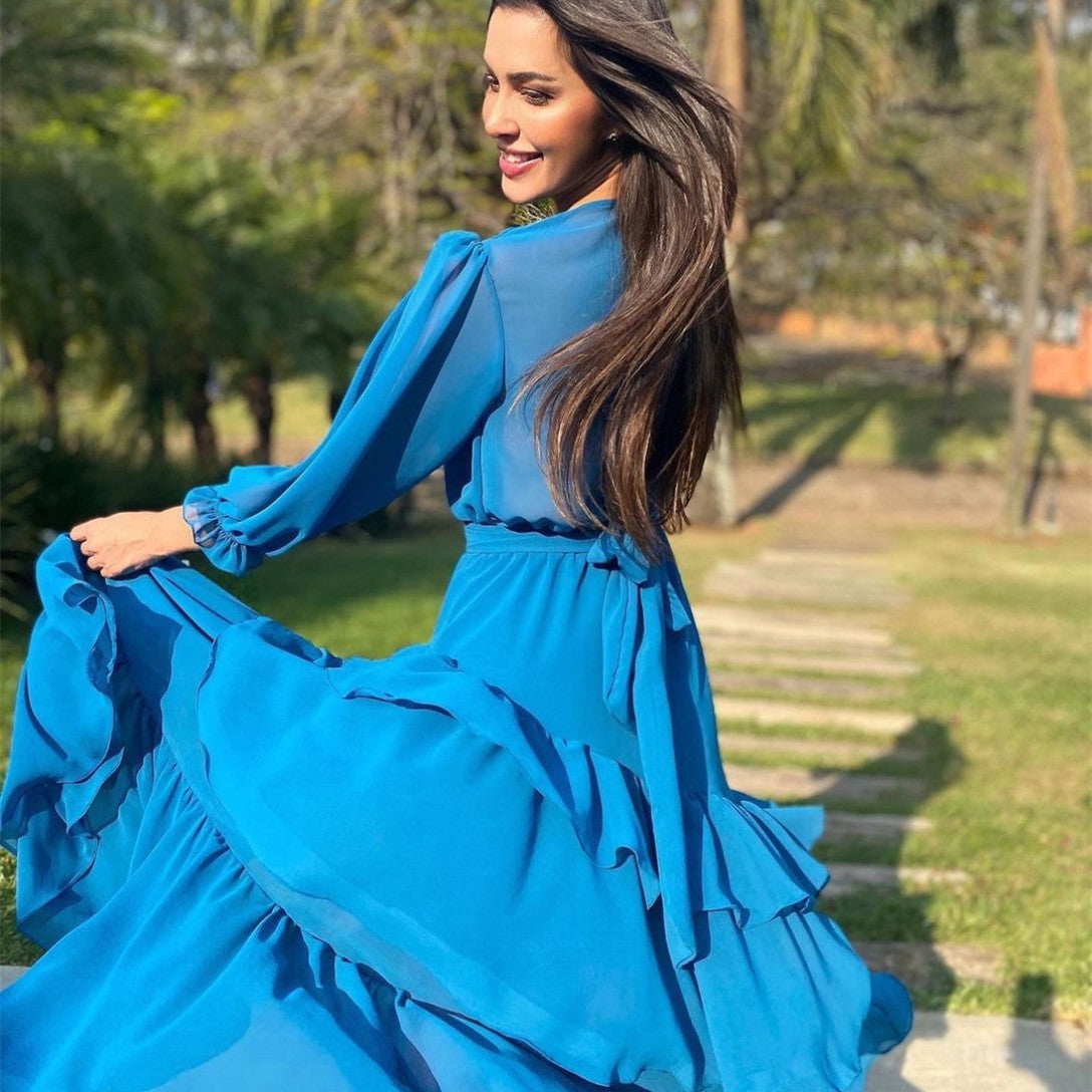 Elegant Long Sleeve V-Neck Blue Chiffon Prom Dresses A-Line Ruffled Bridal Gowns for Women