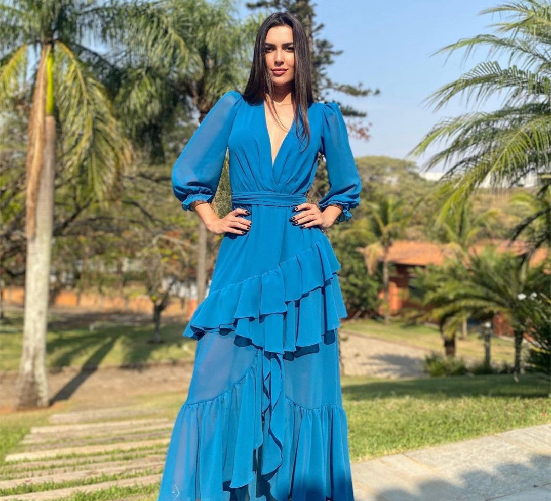 Elegant Long Sleeve V-Neck Blue Chiffon Prom Dresses A-Line Ruffled Bridal Gowns for Women