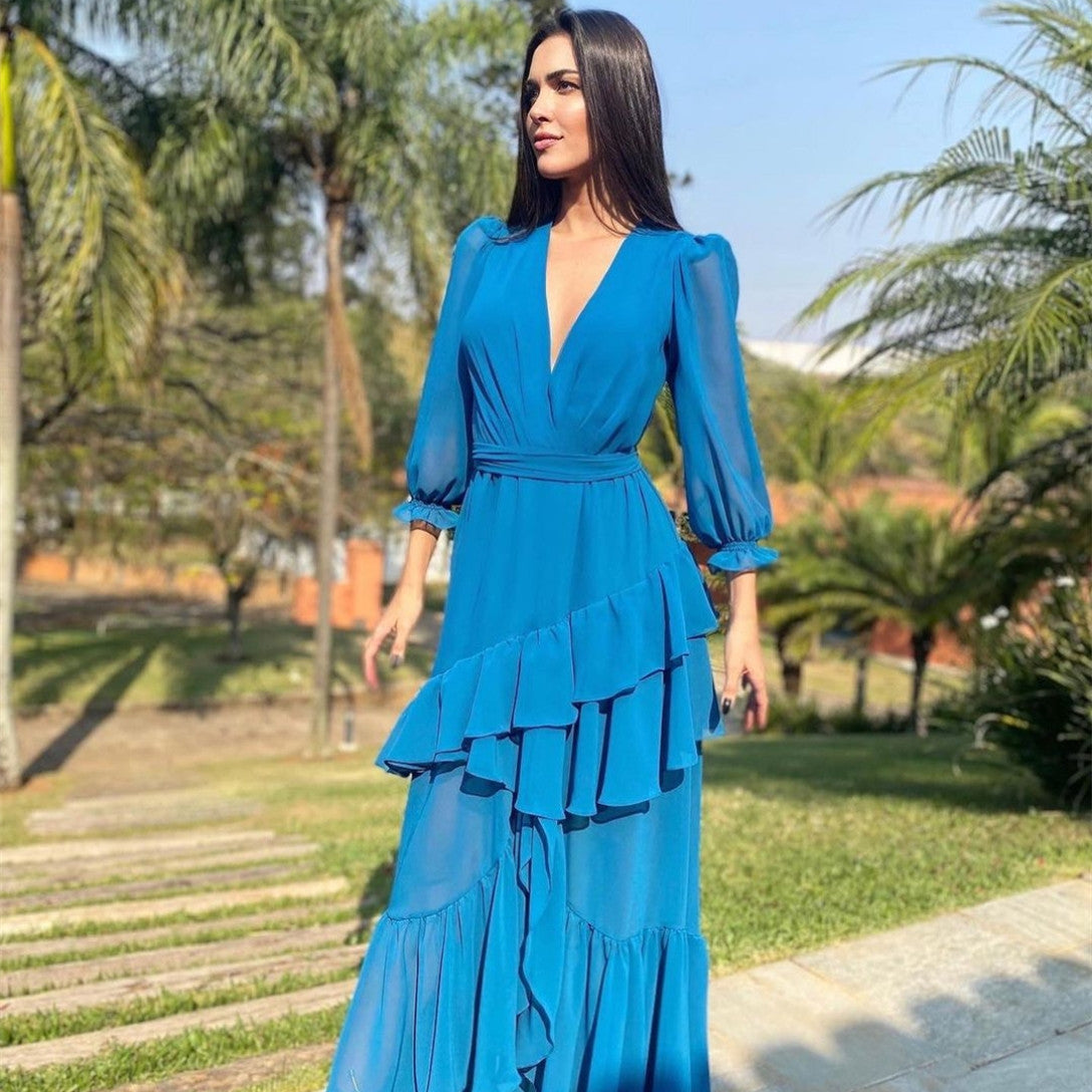 Elegant Long Sleeve V-Neck Blue Chiffon Prom Dresses A-Line Ruffled Bridal Gowns for Women