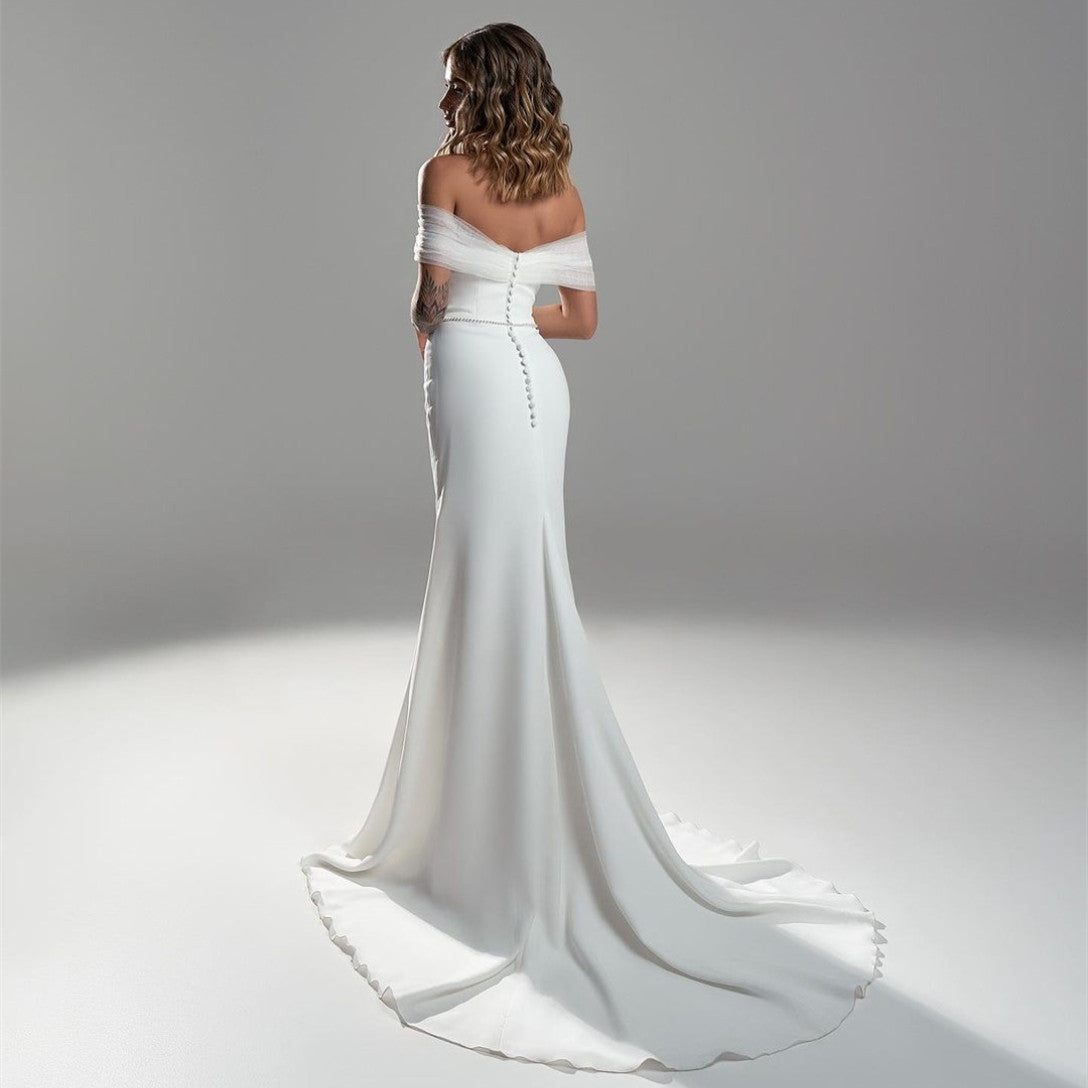 Elegant Long Off Shoulder Crepe Wedding Dresses With Slit Mermaid Sleeveless Sweep Train Tulle Bridal Gowns for Women