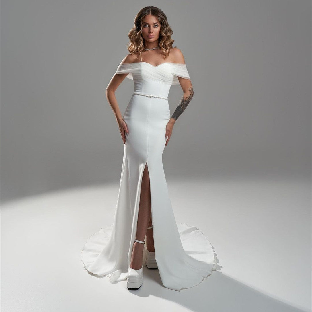 Elegant Long Off Shoulder Crepe Wedding Dresses With Slit Mermaid Sleeveless Sweep Train Tulle Bridal Gowns for Women