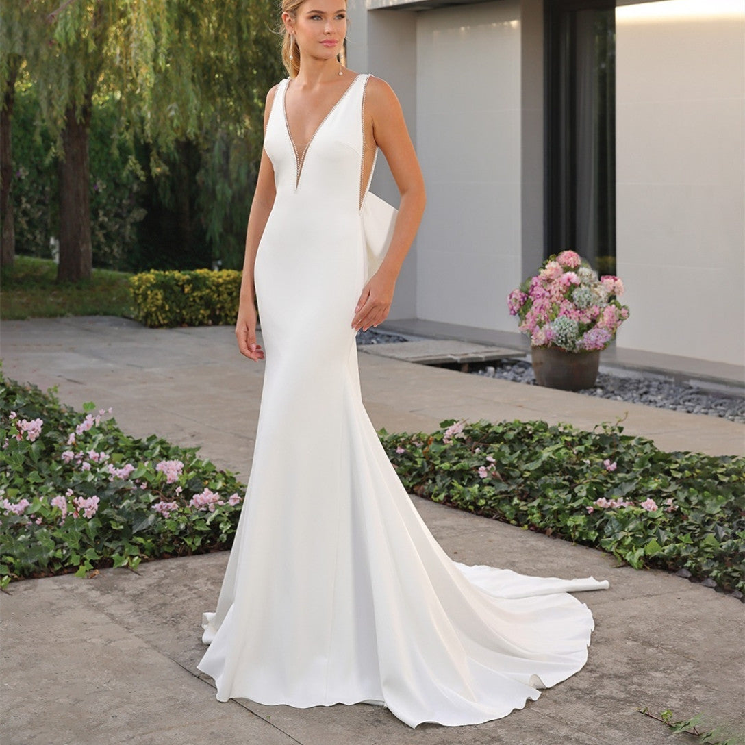 Elegant Long Crepe Beaded Wedding Dresses With Bow Mermaid Ivory V-Neck Evening Dresses for Women