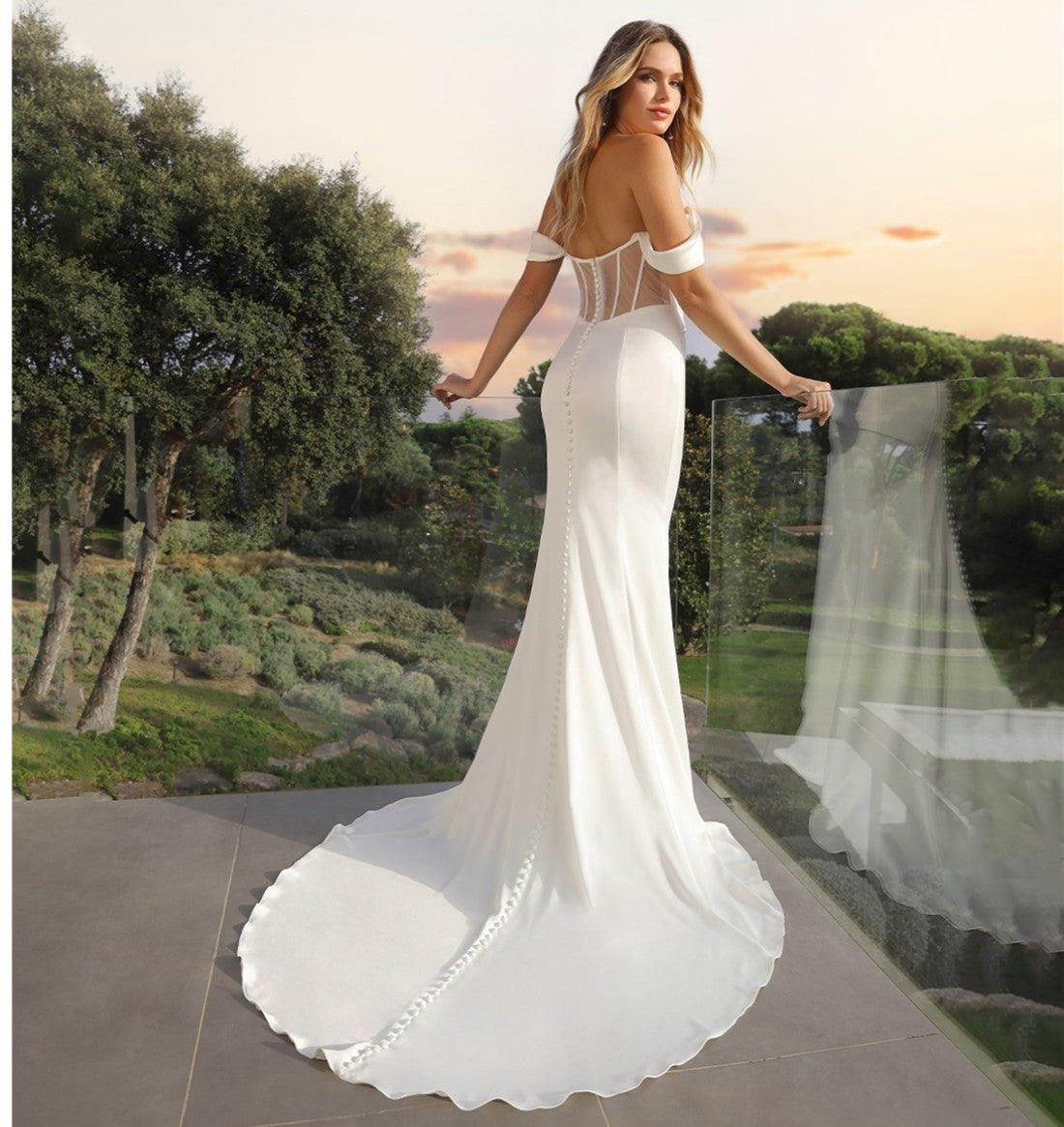 Elegant Long Off Shoulder Crepe Wedding Dresses Mermaid Pleated Sweep Train Buttons Back Bridal Gowns for Women