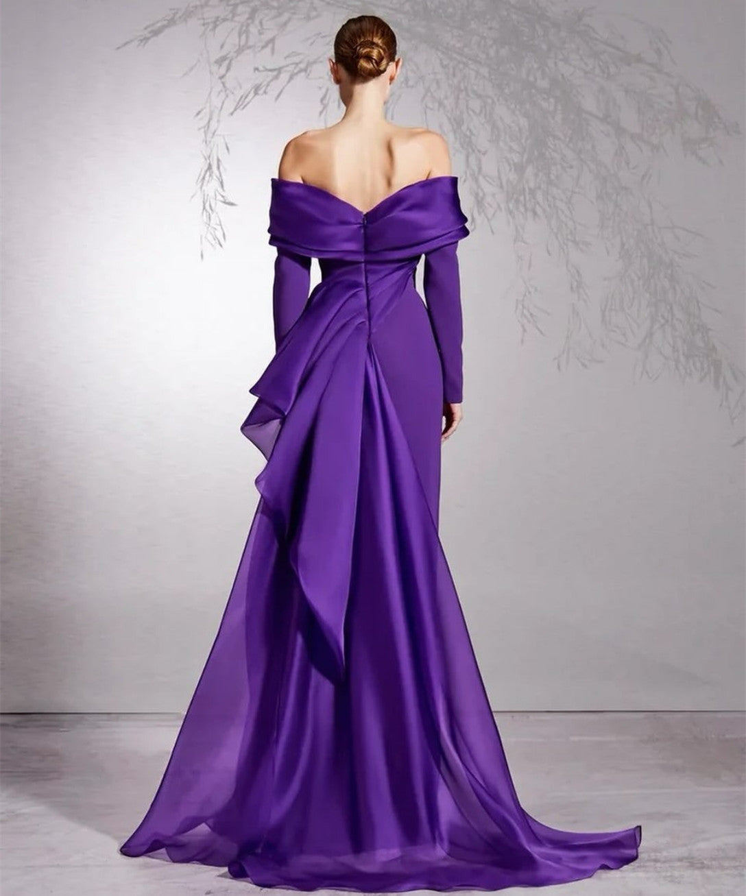 Classy Long Off Shoulder Purple Crepe Evening Dresses With Slit Mermaid Satin Prom Ramadan Dresses for Women