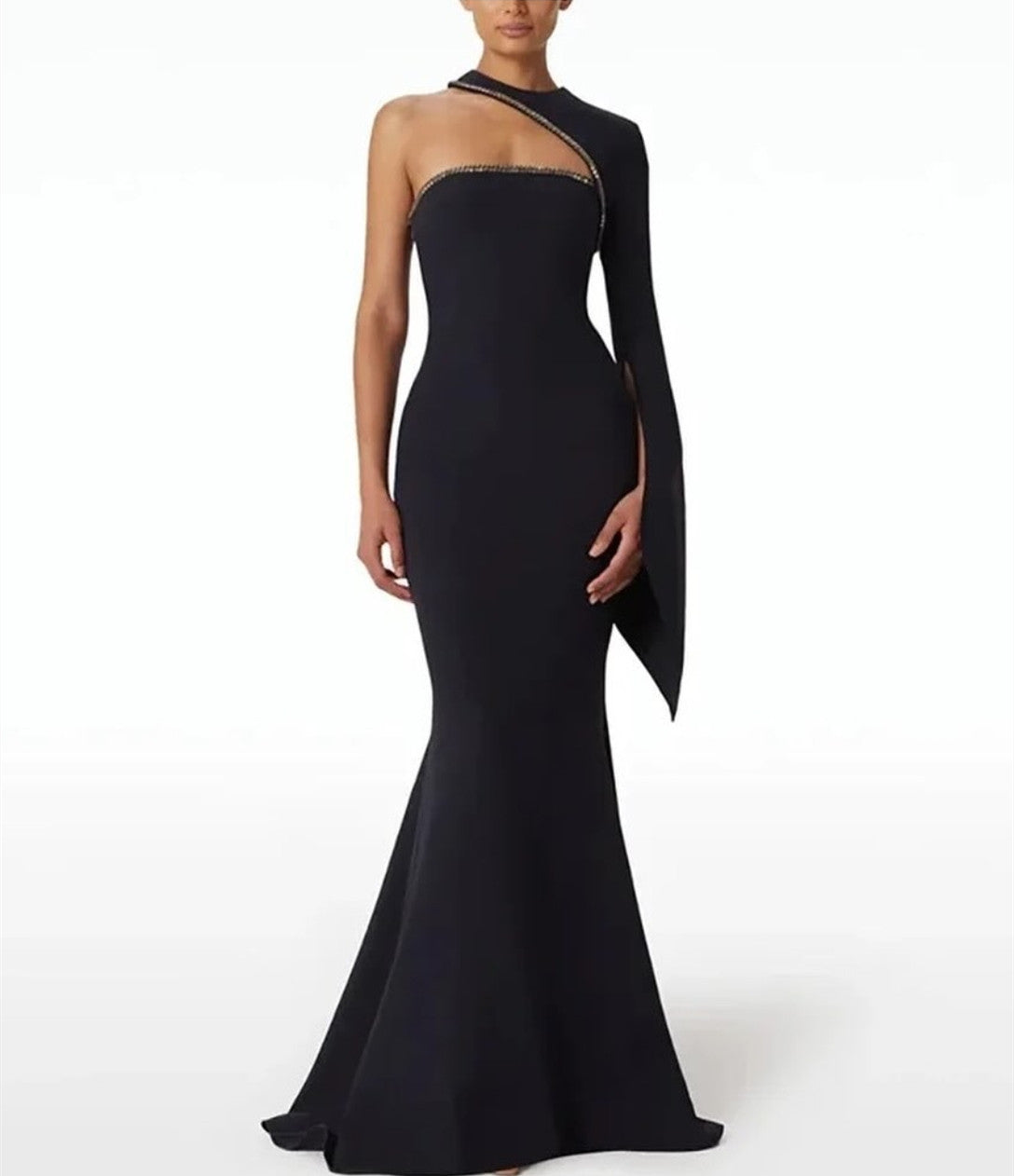 Elegant Long Crepe Black Evening Dresses Mermaid One Shoulder Sweep Train Ramadan Prom Dresses for Women