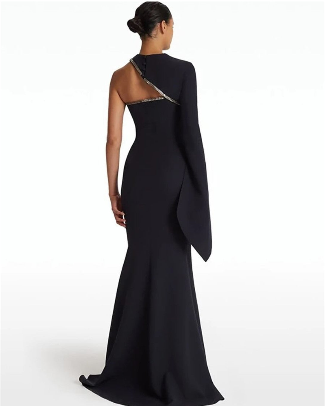 Elegant Long Crepe Black Evening Dresses Mermaid One Shoulder Sweep Train Ramadan Prom Dresses for Women