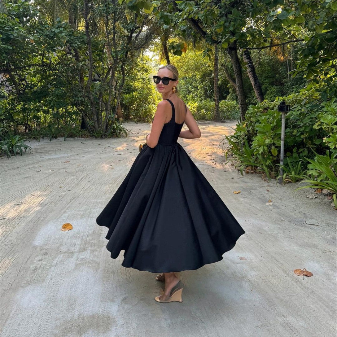 Elegant Short Black Satin Evening Dresses With Pockets A-Line Square Collar Tea Length Prom Dresses for Women