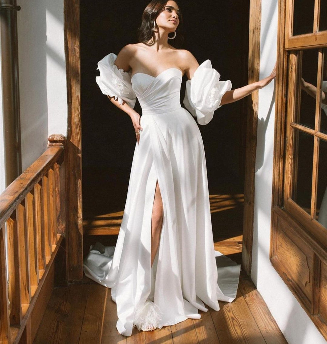 Vintage Long Sweetheart Pleated Wedding Dresses With Slit Mermaid Sweep Train Short Sleeves Bridal Gowns for Women