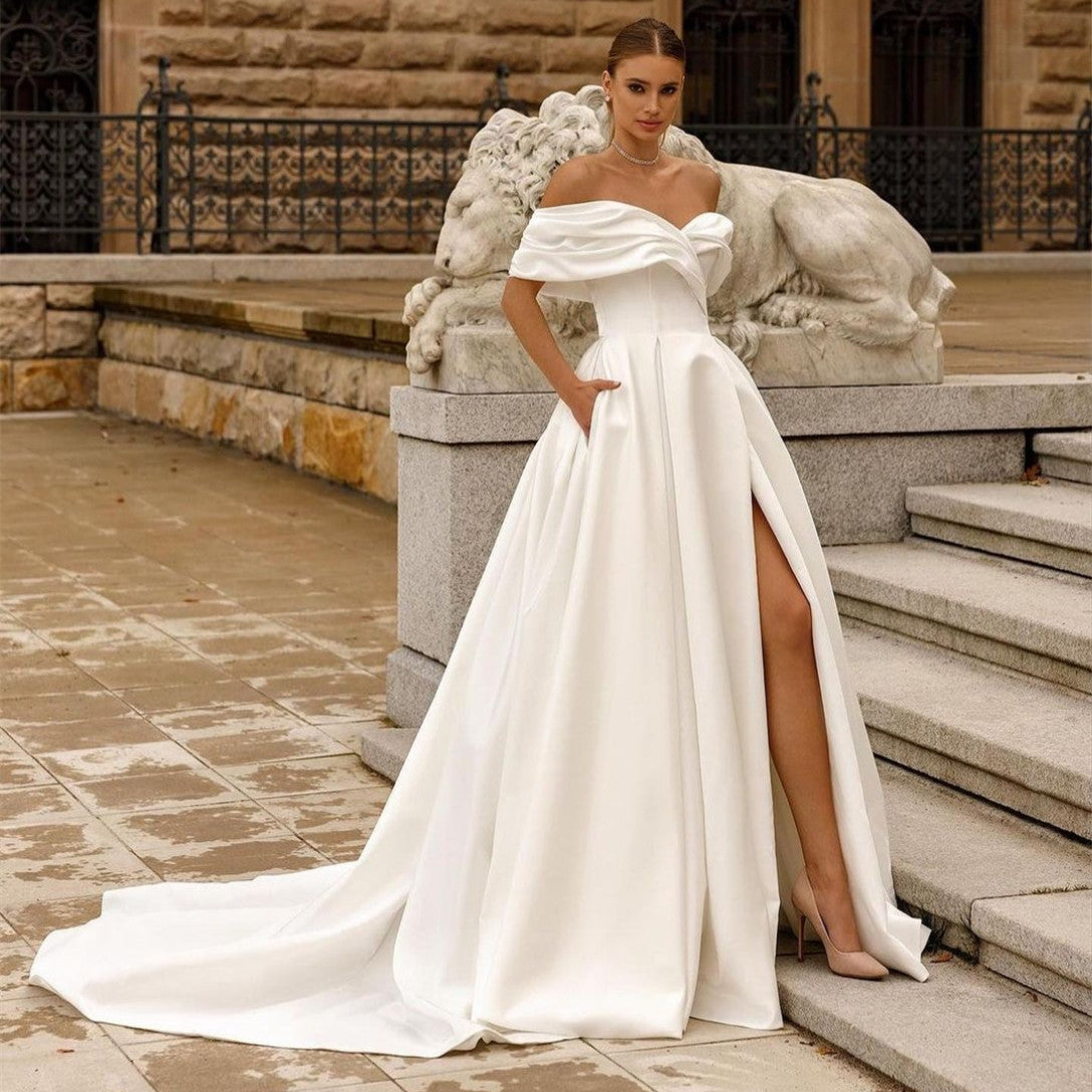 Classy Long Off Shoulder Pleated Wedding Dresses With Slit/Pockets A-Line Satin Sweep Train Bridal Gowns for Women
