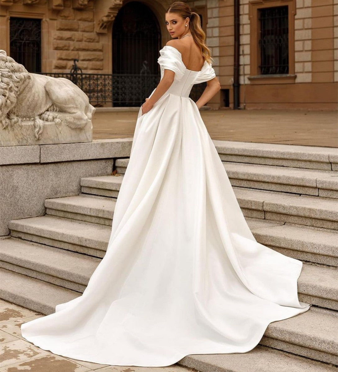 Classy Long Off Shoulder Pleated Wedding Dresses With Slit/Pockets A-Line Satin Sweep Train Bridal Gowns for Women