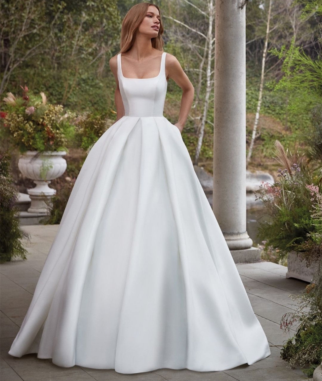 Classy Long Satin Square Neck Wedding Dresses With Pockets A-Line Sweep Train Zipper Back Bridal Gowns for Women