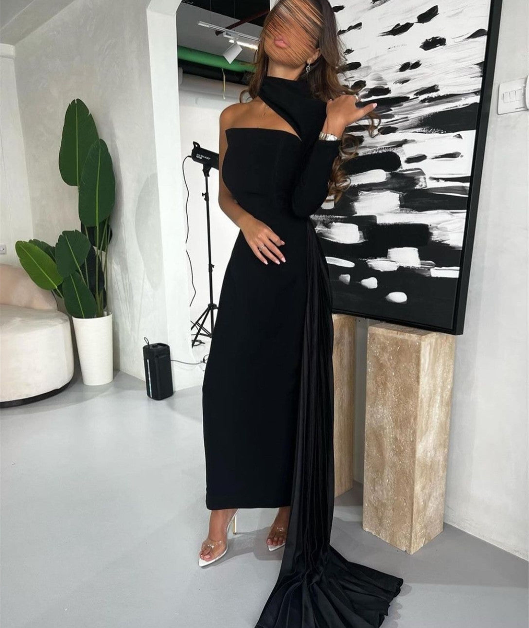 Elegant Long Black Crepe Evening Dresses With Side Train Sheath Halter Ankle Length فساتين السهرة Ramadan Eid Dresses