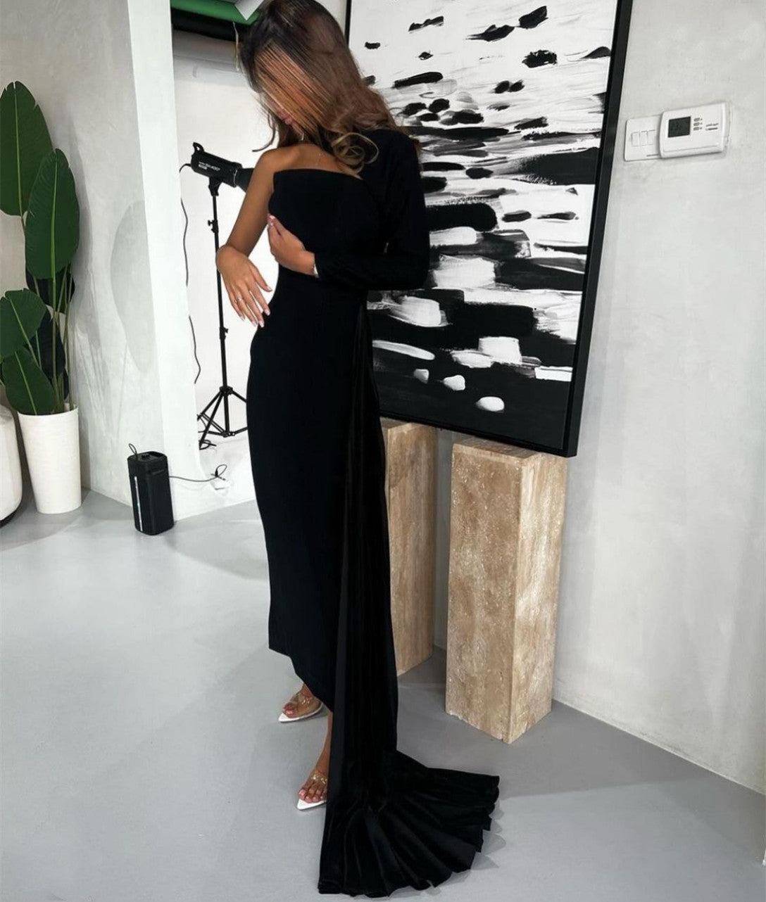 Elegant Long Black Crepe Evening Dresses With Side Train Sheath Halter Ankle Length فساتين السهرة Ramadan Eid Dresses