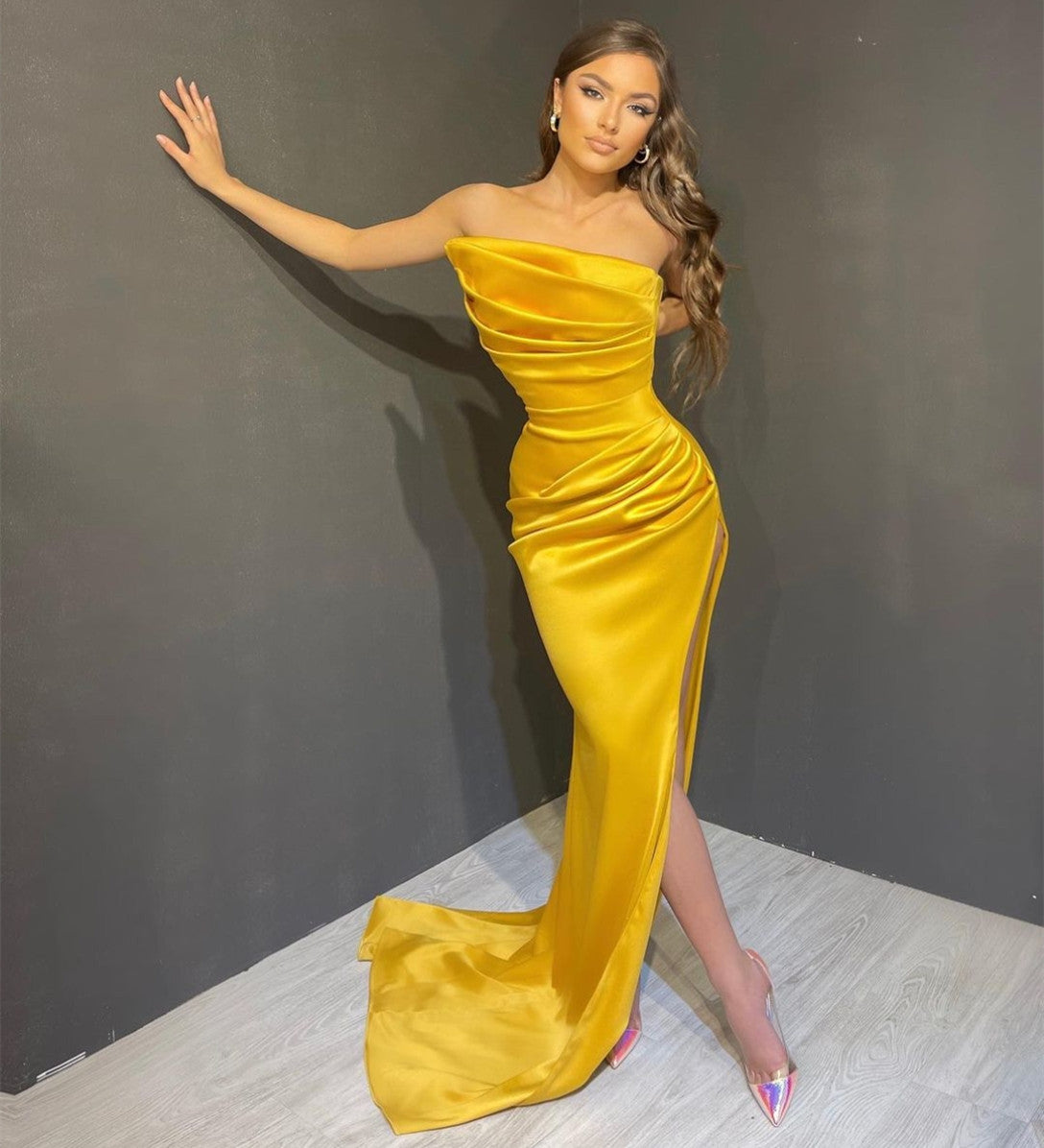 Elegant Long Yellow Satin Prom Dresses With Slit Mermaid One Shoulder Pleated Sweep Train فساتين السهرة Evening Dresses for Women