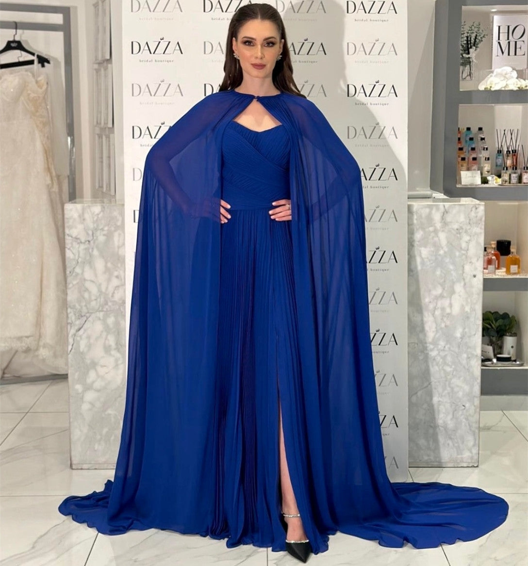 Elegant Long Strapless Chiffon Evening Dresses with Slit/Cape A-Line Pleated Floor Length فساتين سهرة Wedding Guest Dress for Women