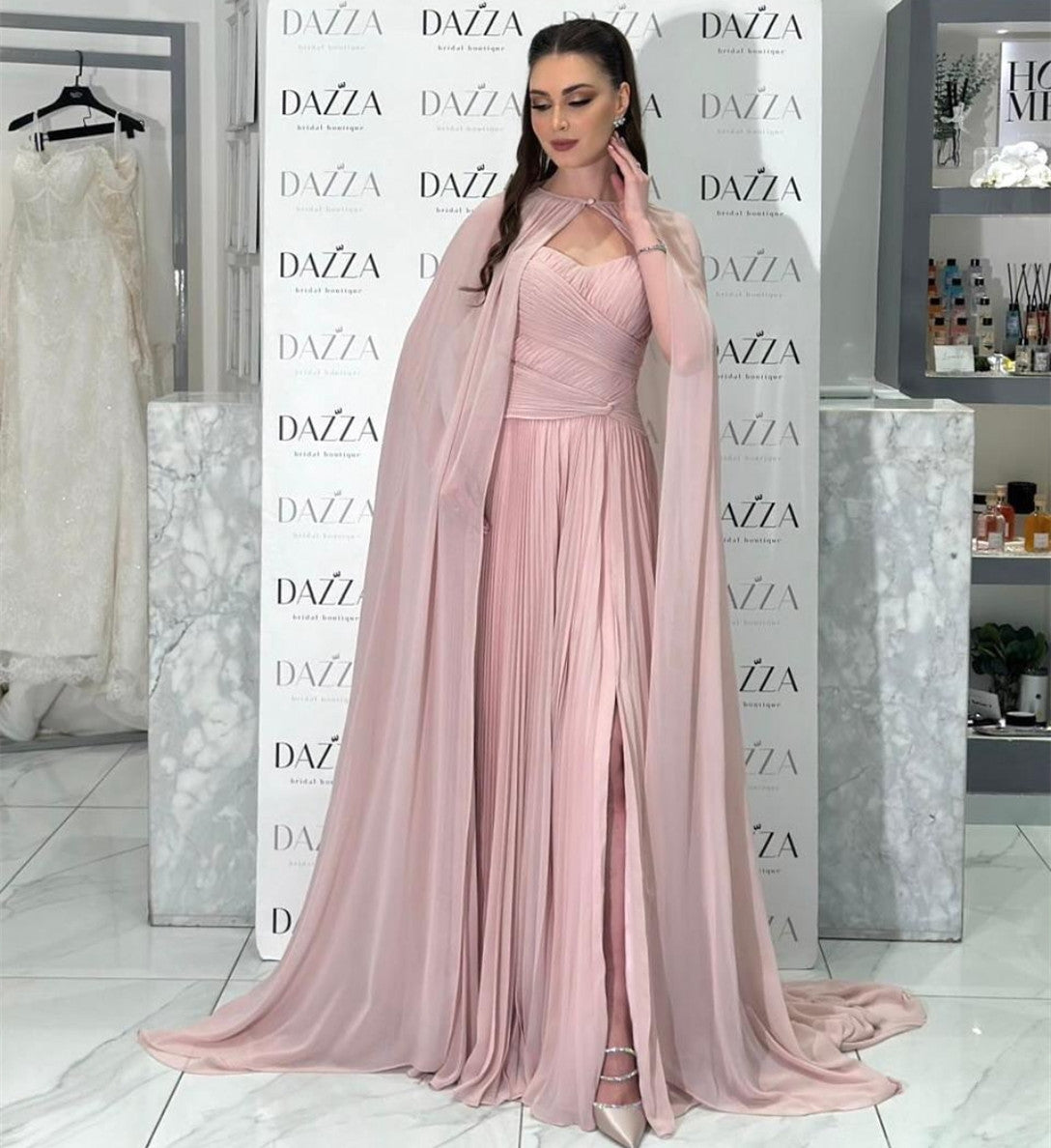 Elegant Long Strapless Chiffon Evening Dresses with Slit/Cape A-Line Pleated Floor Length فساتين سهرة Wedding Guest Dress for Women