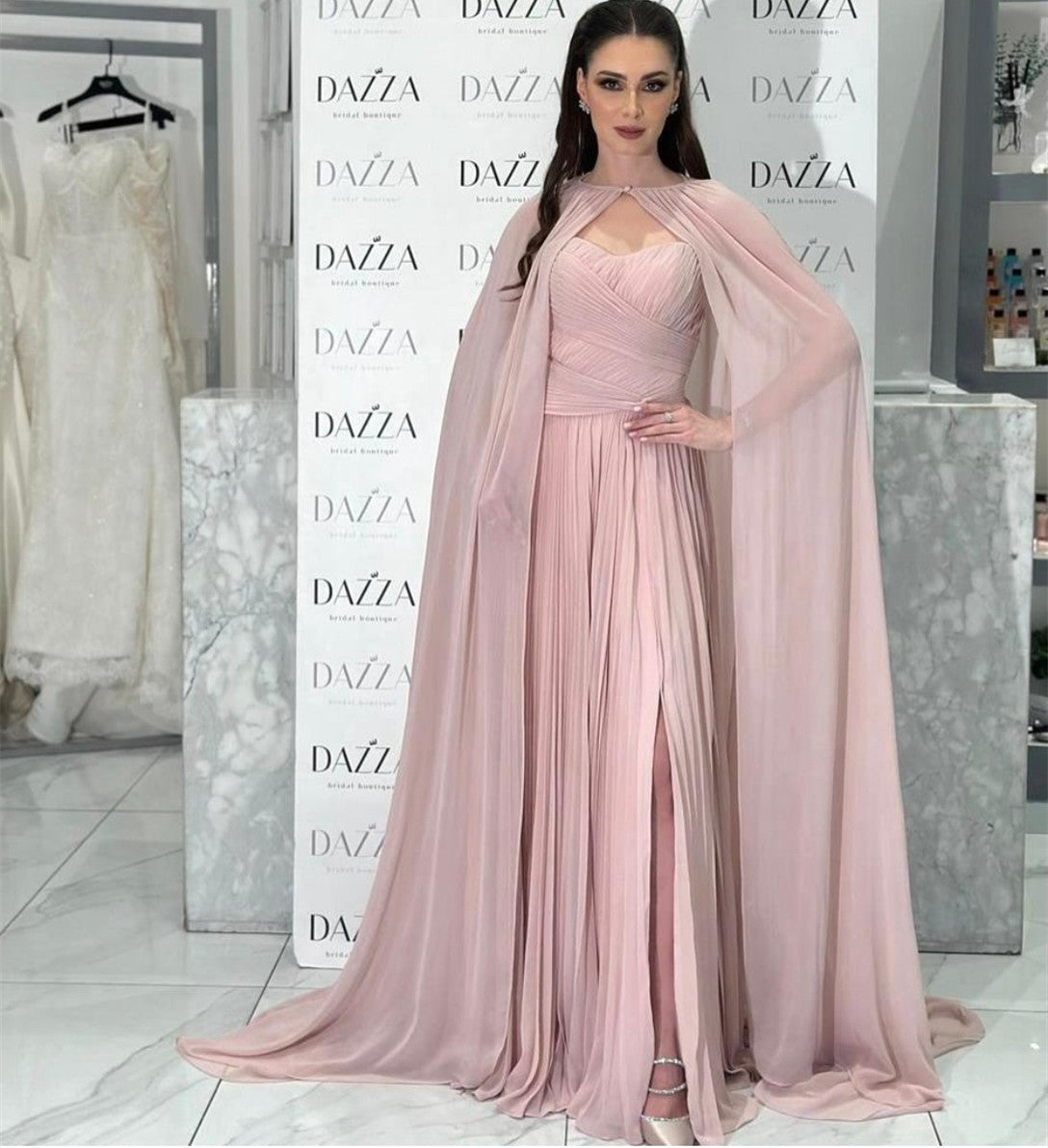 Elegant Long Strapless Chiffon Evening Dresses with Slit/Cape A-Line Pleated Floor Length فساتين سهرة Wedding Guest Dress for Women