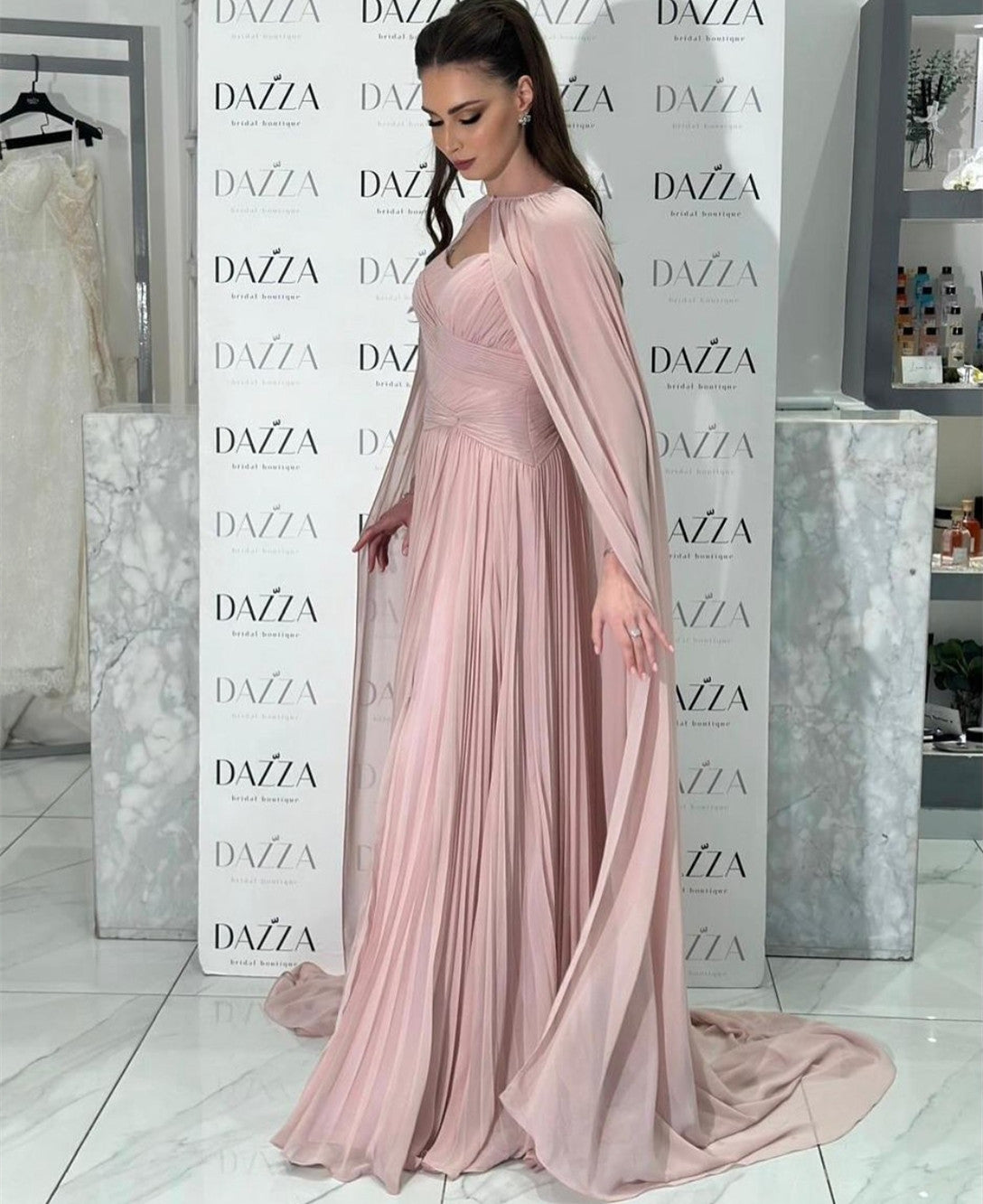Elegant Long Strapless Chiffon Evening Dresses with Slit/Cape A-Line Pleated Floor Length فساتين سهرة Wedding Guest Dress for Women