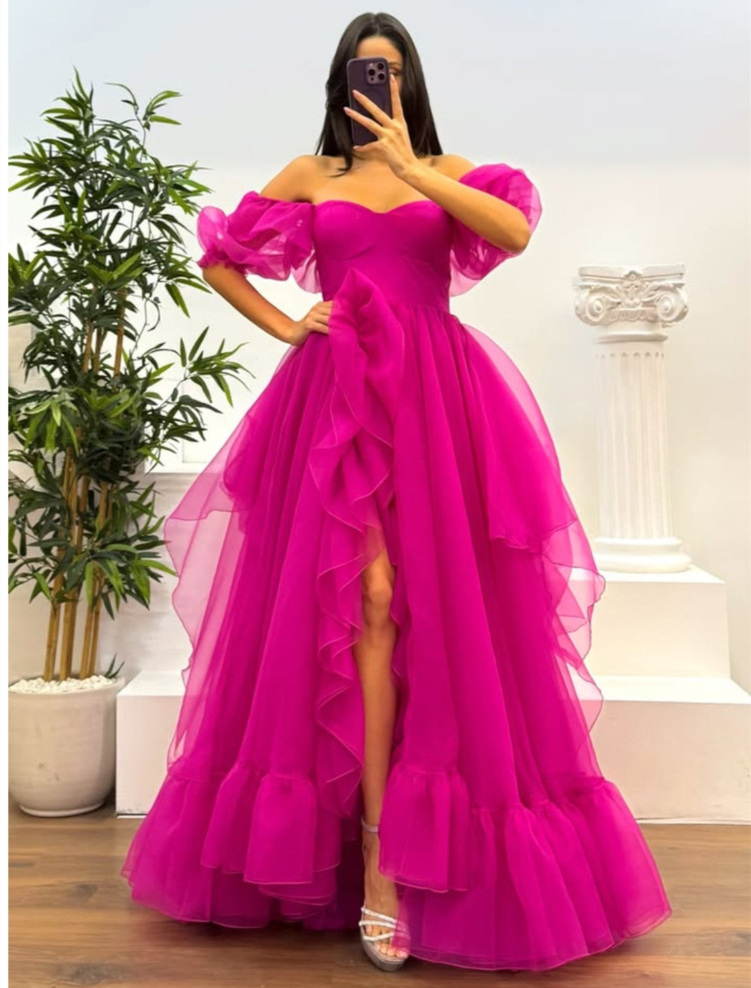 Customized Long Organza Sweetheart Evening Dresses with Slit A-Line Ruffles Pleated Floor Length Party Dress for Women