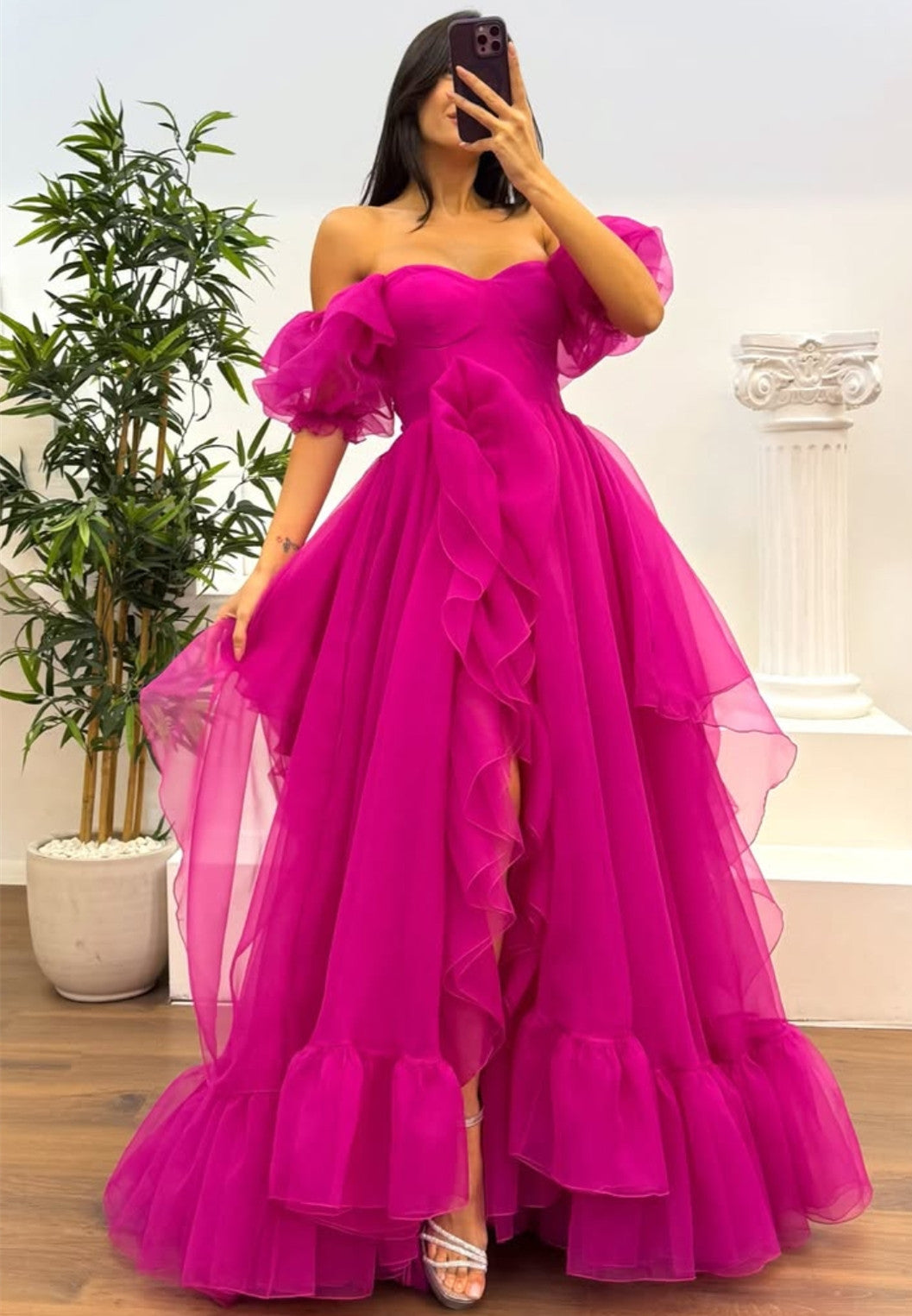 Customized Long Organza Sweetheart Evening Dresses with Slit A-Line Ruffles Pleated Floor Length Party Dress for Women