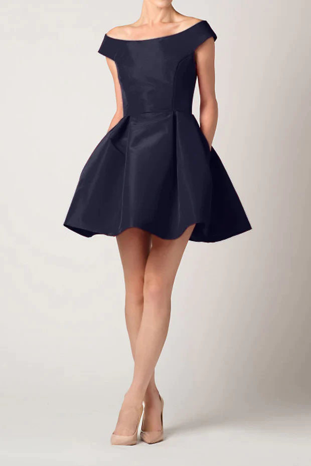 Classy Short Satin Navy Blue Homecoming Dresses With Pockets A-Line Boat Neck Knee Length Prom Dress for Women
