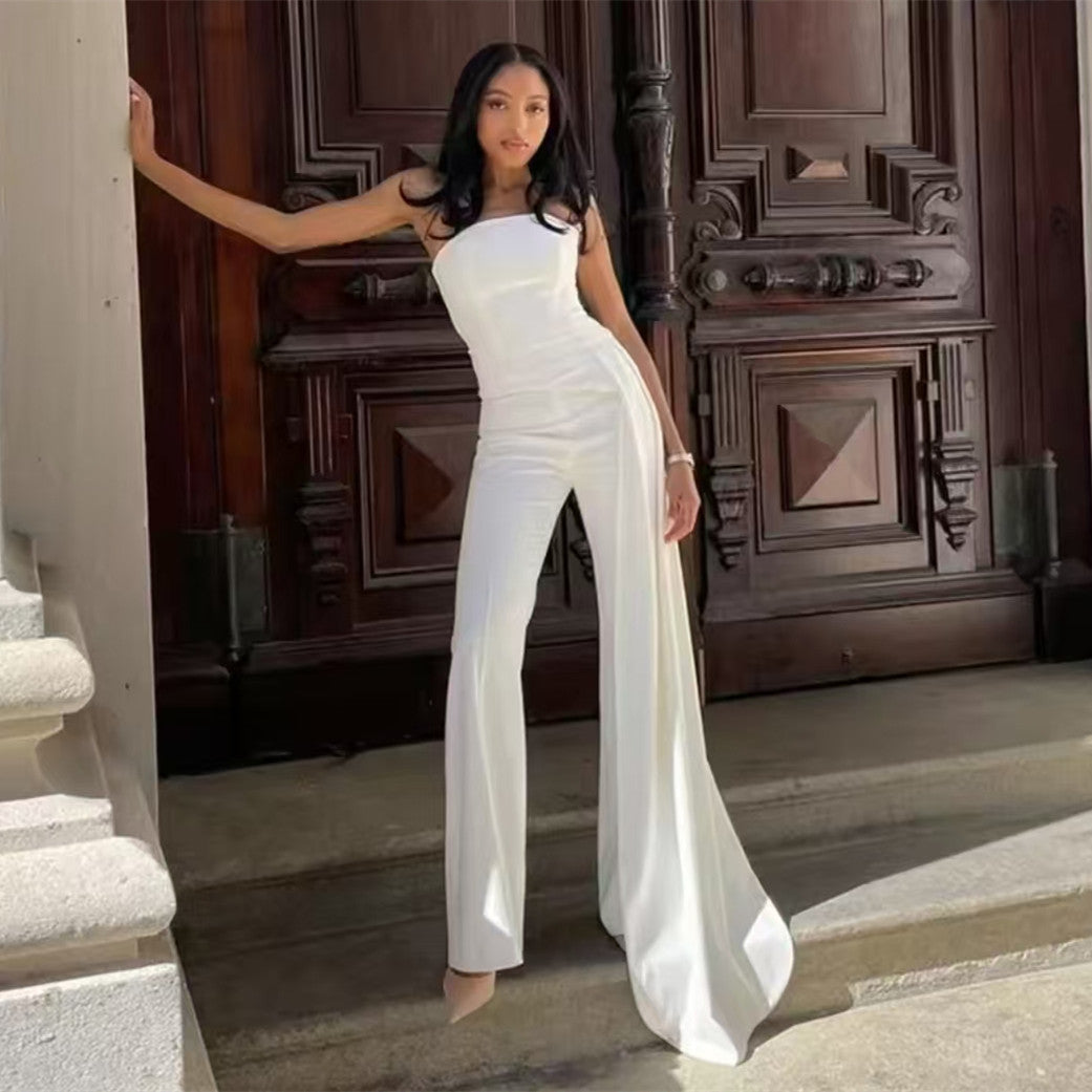 Elegant Long Strapless Crepe Pantsuit Wedding Dresses with Ribbon Sheath Floor Length Jumpsuit فساتين سهرة Wedding Guest Dress for Women