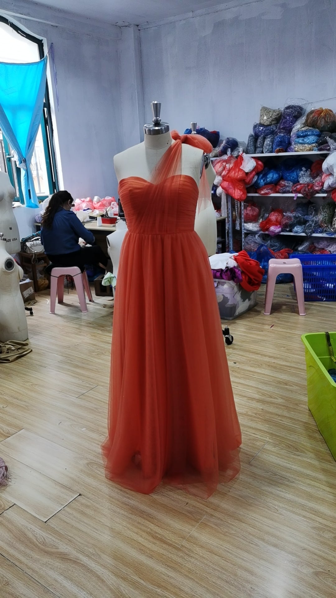 Elegant Long Orange One Shoulder Prom Dresses A-Line Pleated Tulle Floor Length Evening Dresses for Women