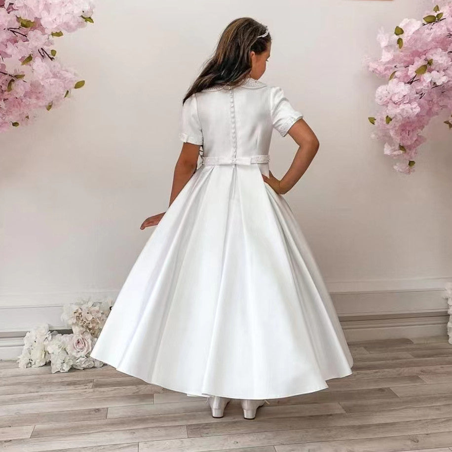 Elegant Short Sleeve O-Neck Satin Flower Girls Dresses With Sash A-Line Ankle Length Party Dress With Pocketsfor Kids