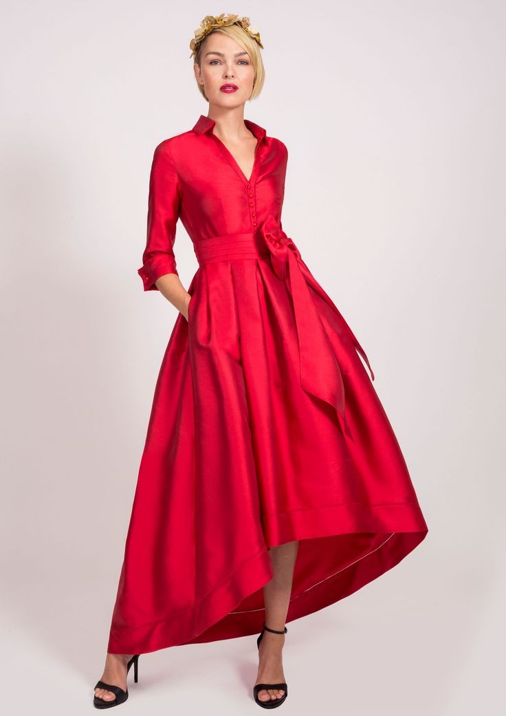 Vintage Short Fuchsia Taffeta Mother of the Brides Dresses With Pockets/Bow Hi-Lo Long Sleeve V-Nck Evening Dress for Women