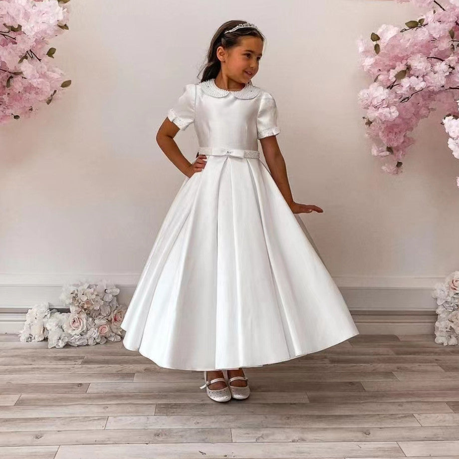 Elegant Short Sleeve O-Neck Satin Flower Girls Dresses With Sash A-Line Ankle Length Party Dress With Pocketsfor Kids