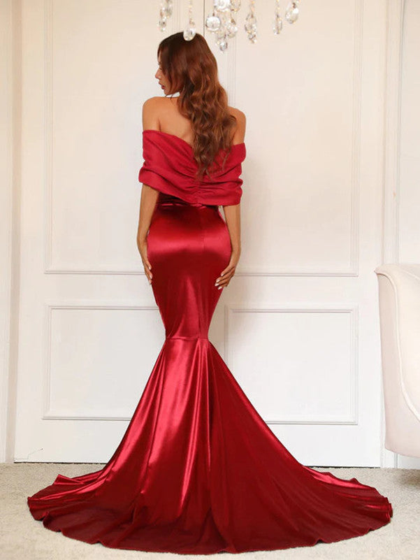 Elegant Long Satin Burgundy Prom Dresses Mermaid Off Shoulder Pleated Evening Dresses for Women