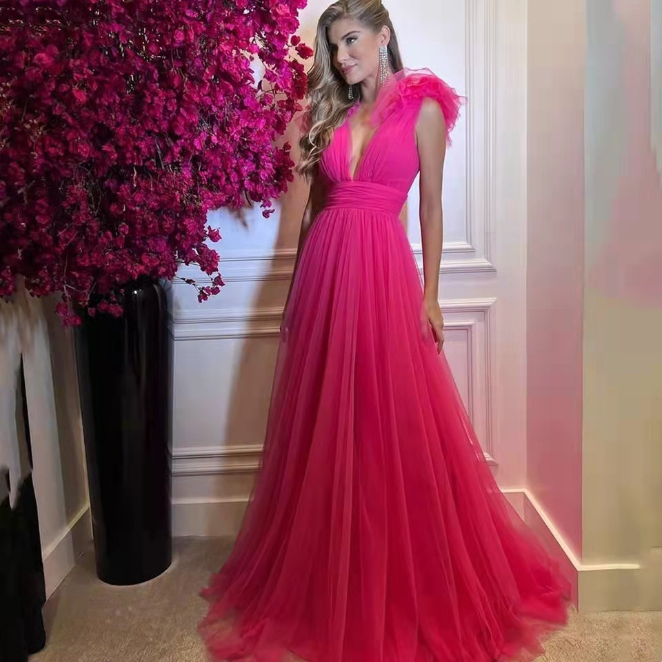 Elegant Long Pink Tulle V-Neck Prom Dresses A-Line Pleated Green Evening Dresses for Women