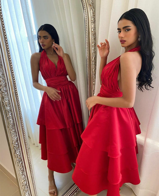 Vintage Long Red Satin Evening Dresses With Ruffles/Pockets A-Lline V-Neck Tea Length Party Ramadan Dress for Women