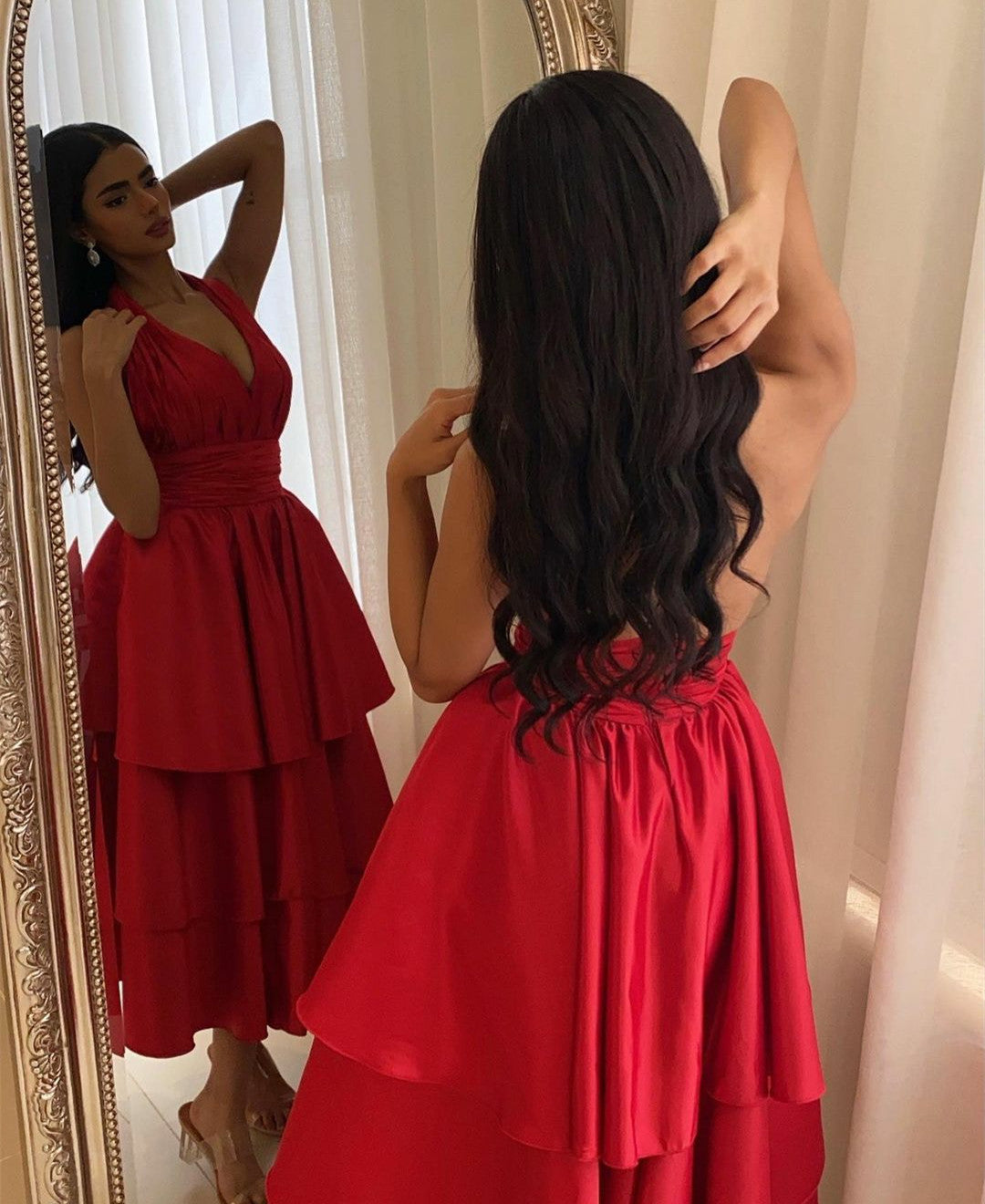 Vintage Long Red Satin Evening Dresses With Ruffles/Pockets A-Lline V-Neck Tea Length Party Ramadan Dress for Women