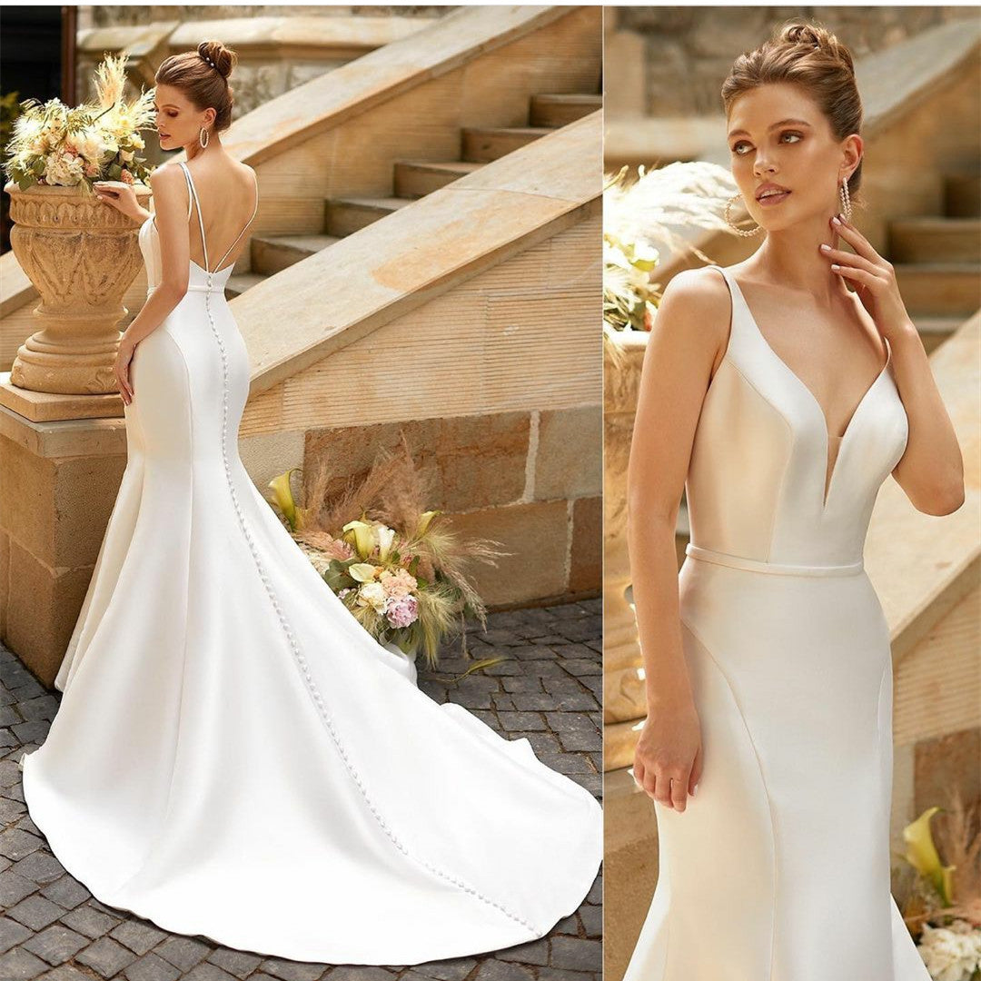 Long Satin V-Neck Evening Dresses Mermaid Spaghetti Straps Open Back Bridal Gowns for Women