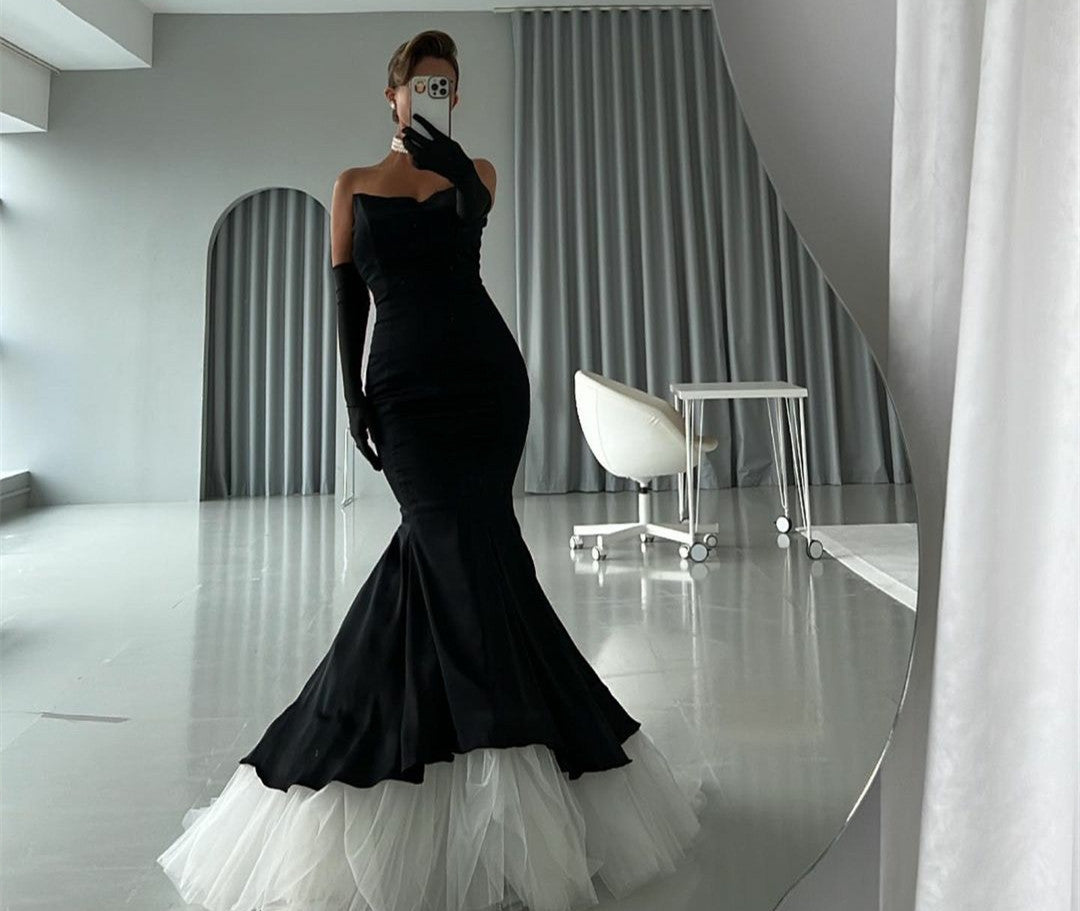 Elegant Long Strapless Black Velvet Evening Dresses with Gloves Lavida Beauty