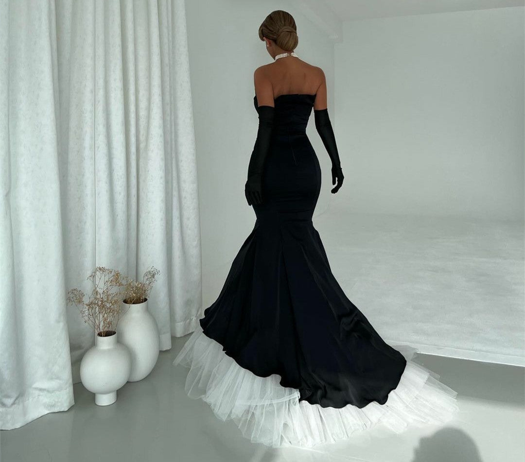 Elegant Long Strapless Black Velvet Evening Dresses with Gloves فساتين السهرة Mermaid Tulle Wedding Guest Dress for Women