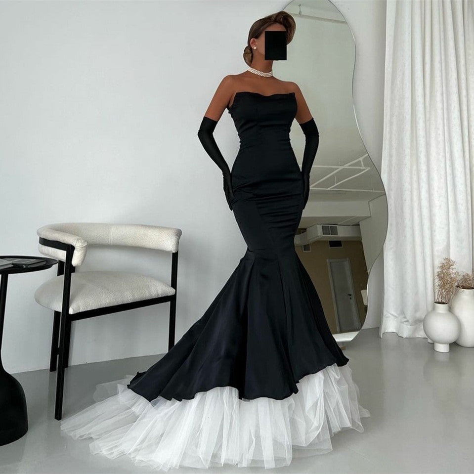 Elegant Long Strapless Black Velvet Evening Dresses with Gloves فساتين السهرة Mermaid Tulle Wedding Guest Dress for Women