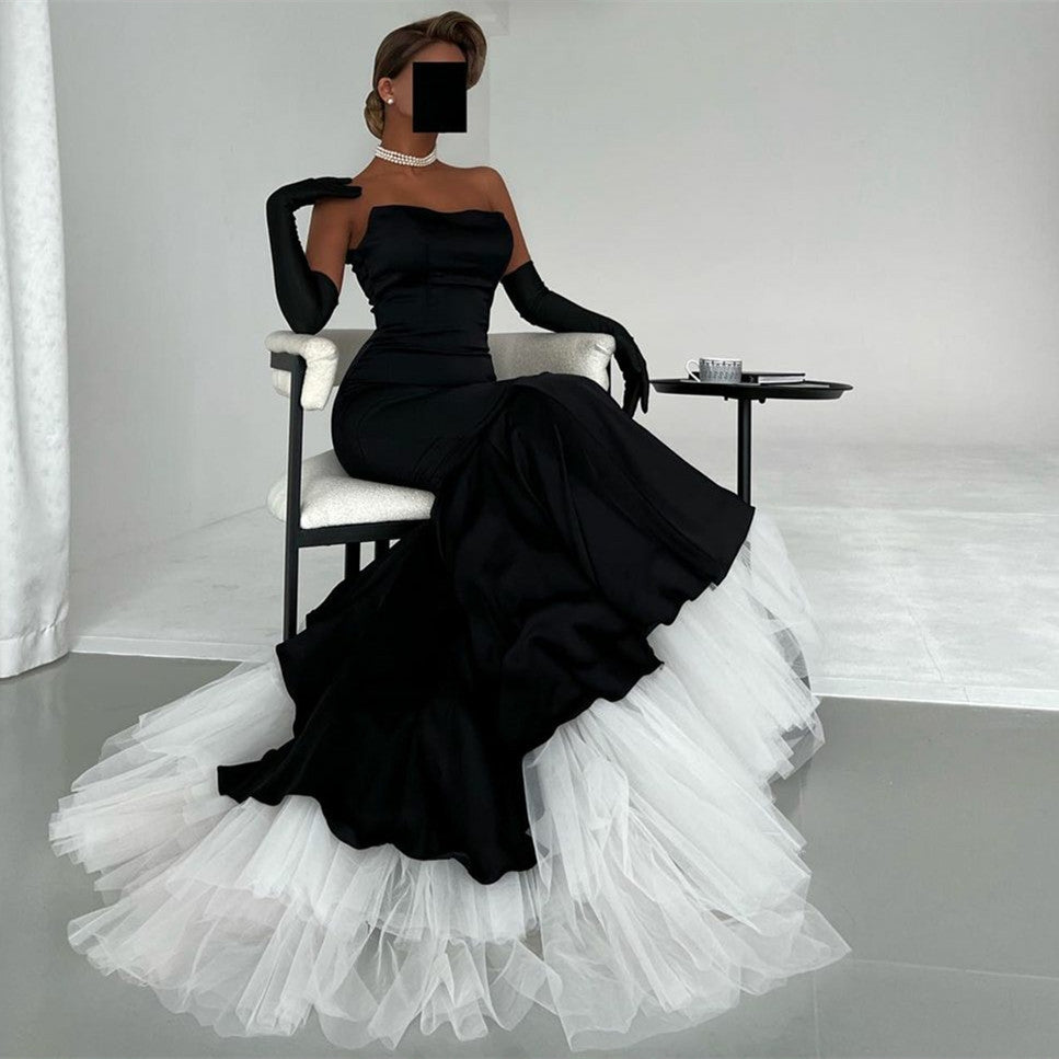 Elegant Long Strapless Black Velvet Evening Dresses with Gloves فساتين السهرة Mermaid Tulle Wedding Guest Dress for Women