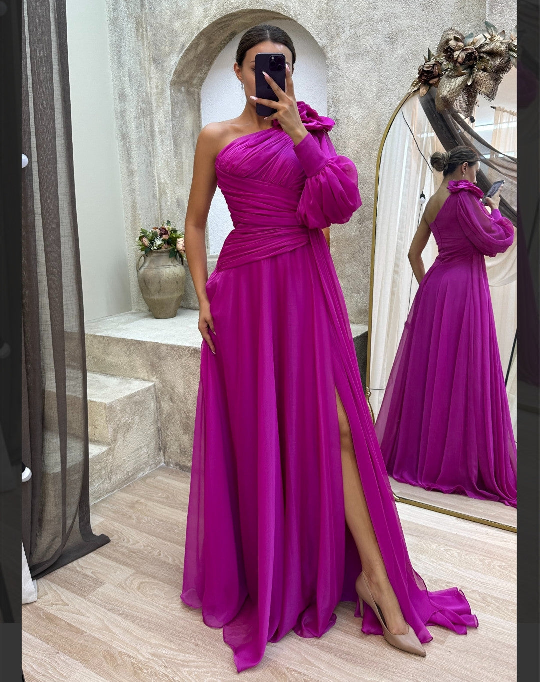 Vintage Long One Shoulder Chiffon Fuchsia Prom Dresses With Flower A-Line Blue Floor Length Formal Slit Evening Dresses